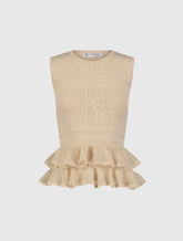 Beige Sleeveless High Neck Knit Top With Ruffle Hem